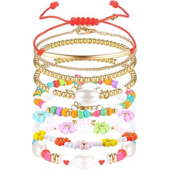 8Pcs Beaded Stretch Y2K Bracelets For Women Handmade Lobster Clasp Beaded Bracelets Pearl Flower Rainbow Elastic Adjustment Bracelet Beach Summer VSCO Bracelet Set